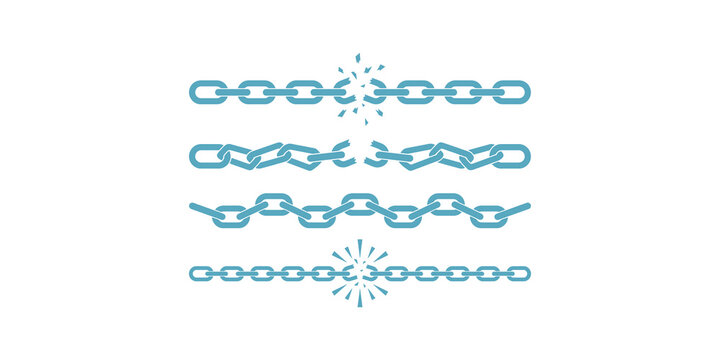 Broken chain links in light blue symbolizing freedom and breaking free from restrictions.