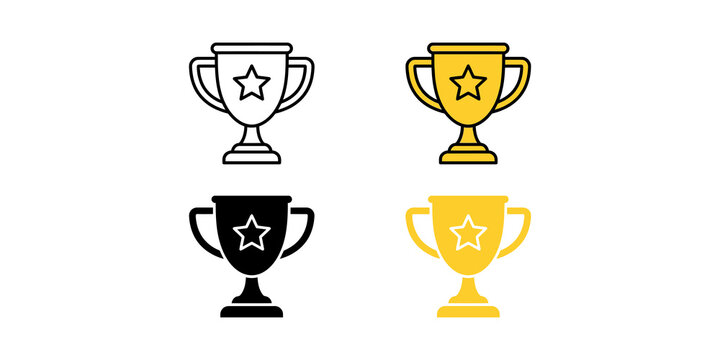 Set of four trophy icons in black outline gold and solid black for sports and achievement awards on transparent background.