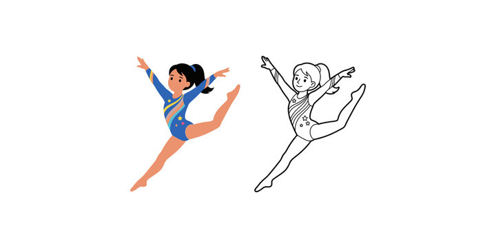 Young girl gymnast performing dynamic split leap in colorful leotard with stars and outline sketch on transparent background.