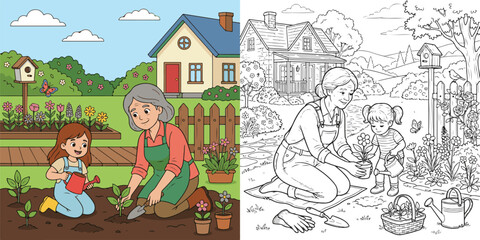 Fototapeta premium young granddaughter carefully helps her grandmother plant flower seedlings educational cartoon print illustration vector clipart and line art colouring book for kids drawn hand drawn.