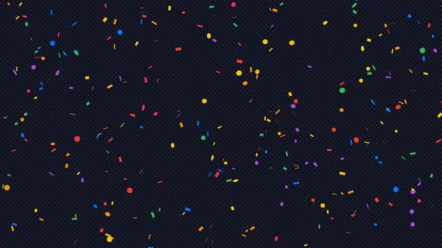 Seamless loop of colorful celebration confetti falling slowly and fluttering down with realistic 3D rotation physics on a true transparent alpha background. High quality 4K video editor overlay.