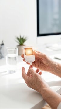 Senior woman hands testing blood sugar level with glucometer at home. Blood drop on finger for glucose measurement. Diabetes monitoring, healthcare and self care concept for world diabetes day.