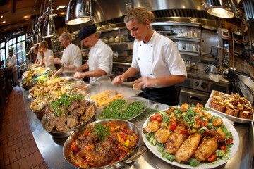 Obraz premium Chefs Preparing Dishes in a Restaurant Kitchen