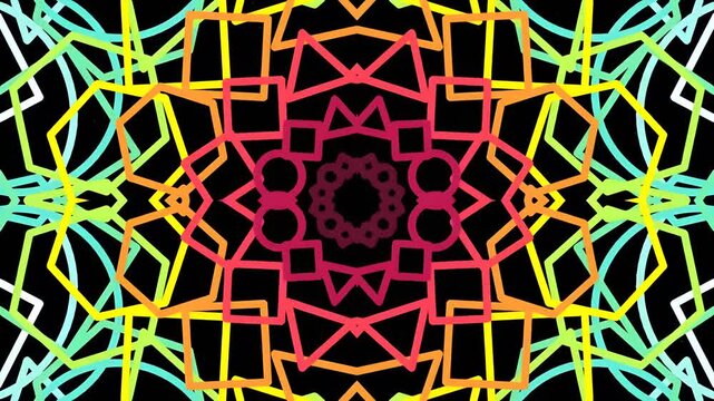 Colorful geometric abstract pattern with symmetrical neon lines