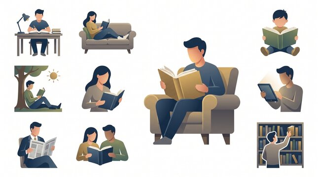 People Reading Books and Studying, Education Lifestyle Symbols