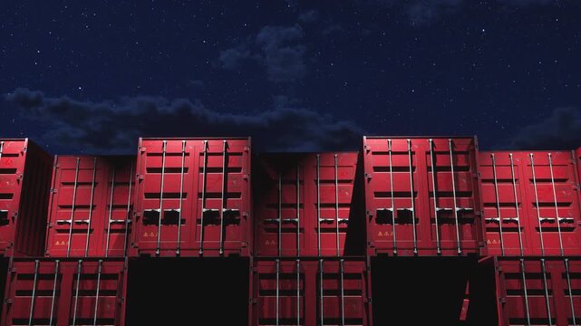 International logistics trade transport, Red container terminal stacked under starry sky night background. 3d animation.