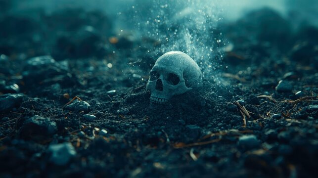 Skull emerges from dark, gritty terrain