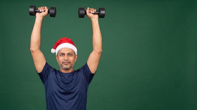 Man in Santa Hat Lifting Dumbbells for Holiday Fitness
