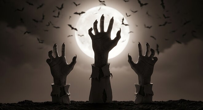 Spooky Zombie Hands Rising from Grave Against Full Moon and Bats