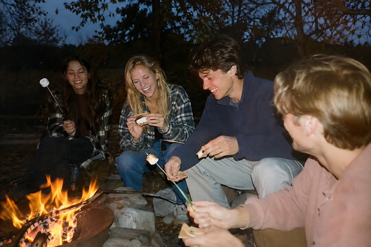 Friends making s'mores around campfire, disposable camera style