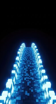 A futuristic glowing bridge made of translucent blue blocks spans across a dark void, representing a solid foundation of business trust, professional, construction, strategy
