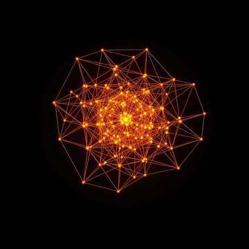 A futuristic visualization of glowing orange nodes and delicate geometric lines weaving through a deep black space, symbolizing connectivity, architecture, internet, cyber