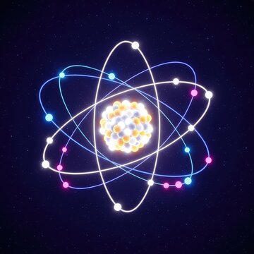 A glowing representation of an atomic nucleus surrounded by bright electron orbital paths in a dark blue space filled with light particles, universe, proton, technology