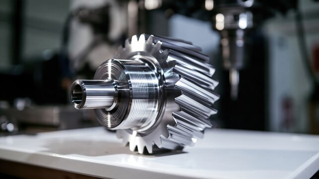 Polished metal bevel gears assembly on industrial workbench