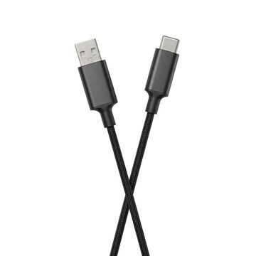 Black braided usb type-a to usb type-c charging cable connector ends isolated on a transparent background