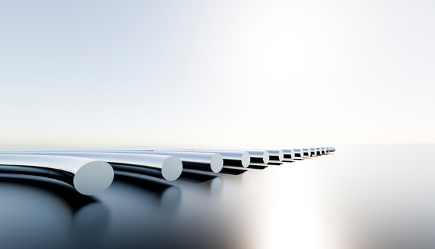 Metal rods with polished chrome ends on reflective surface