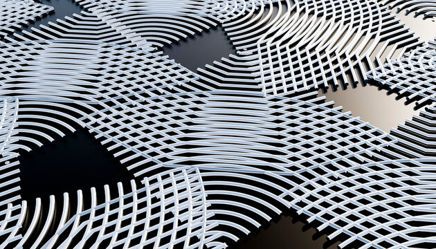 Abstract curved white grid pattern on Black background with wave