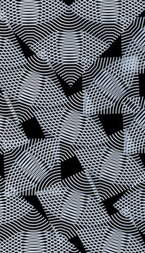 Abstract geometric pattern with overlapping striped shapes on Black