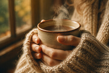 Obraz premium Close-up of hands in knit sweater holding warm mug of tea