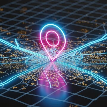A luminous neon location pin sits atop a digital circuit board grid resembling a high-tech metropolitan map with glowing blue pathways, virtual, pin, cyber