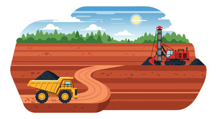 Vector illustration of mining industry landscape with heavy equipment, open pit mine excavator and dumper truck © doa