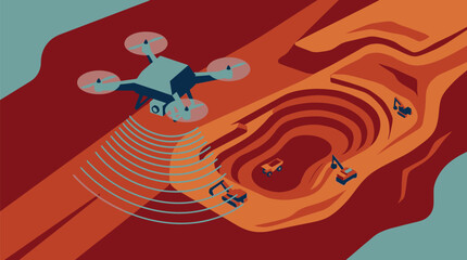 Fototapeta premium Drone surveying a large open-pit mine with excavators and trucks