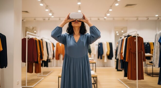 Woman trying on elegant dress in boutique store