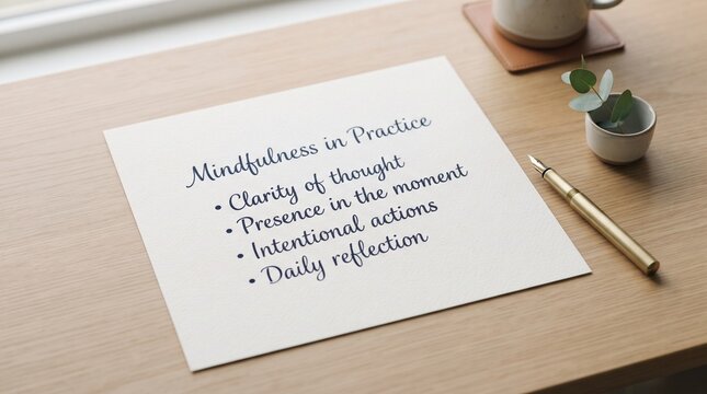 Mindfulness in practice handwritten text on a piece of paper placed on a wooden desk with a pen and plant mindfulness practice handwritten wellness
