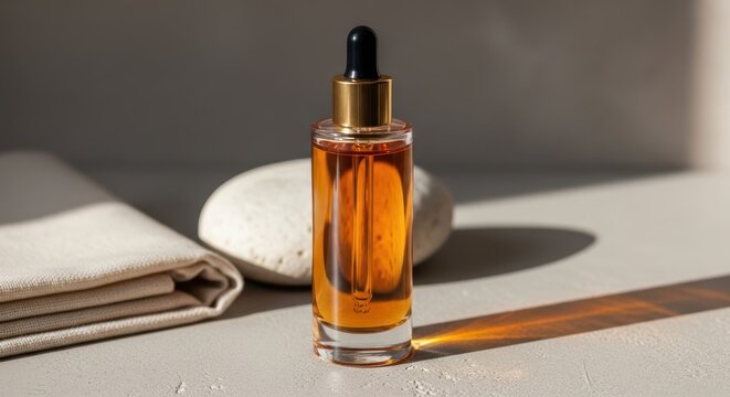 Elegant amber skincare oil dropper bottle with natural stone background