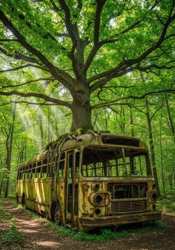 A majestic oak tree emerges from the roof of a vintage rusty bus abandoned in a dense forest, merging mechanical decay with natural life, foliage, forest, vegetation