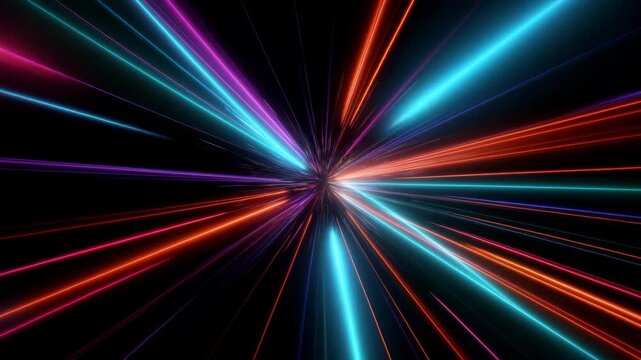 Dynamic video concept with vibrant neon light beams converging from a central point. Captured from a frontal angle, creating a futuristic style. Live desktop wallpaper.