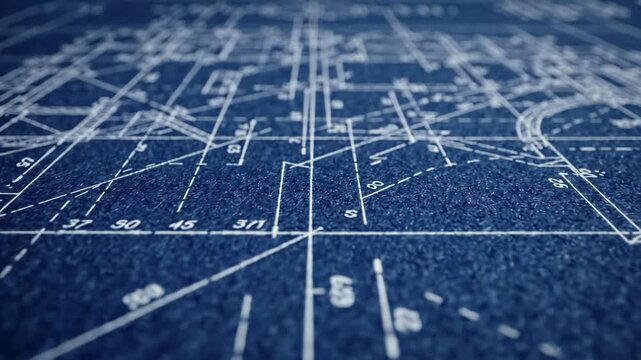 Architectural blueprint paper with technical engineering drawings, construction plans, and detailed floor schematics