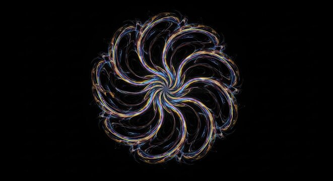 A mesmerizing digital fractal design displays intricate swirling symmetrical patterns radiating outward from a core on a deep black backdrop, geometric, visual, pattern