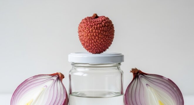 Balanced lychee fruit atop a jar with sliced purple onions beside