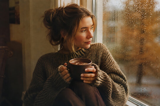 Woman in knit sweater holding cocoa mug by a rainy autumn window