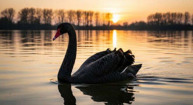 Elegant black swan gliding at golden hour by the waterfront