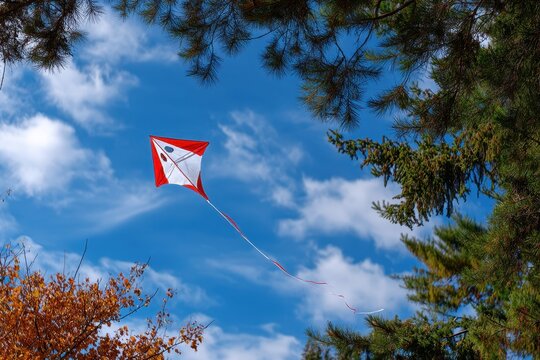 Bright red kite soars high above tall trees against blue sky on a clear autumn day
