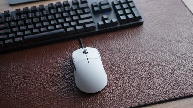 Modern gaming setup with white computer mouse and black keyboard on textured leather desk mat, workspace technology