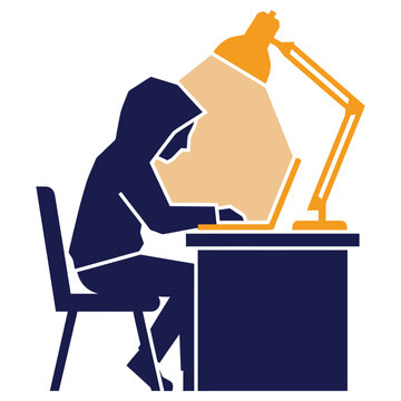 Vector illustration of hooded hacker or remote worker typing on laptop at desk with large architectural lamp isolated on white background