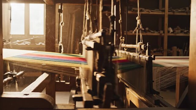 Vintage wooden loom weaving colorful textile fabric in a sunlit workshop, handmade craft production and textile industry