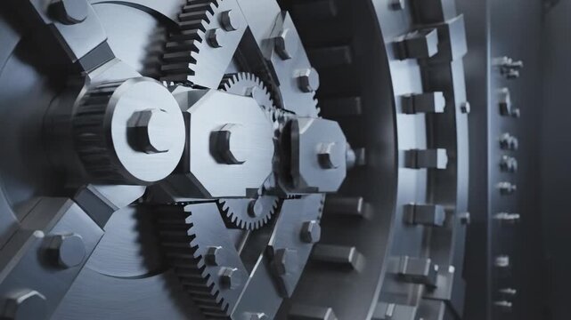 Industrial heavy steel vault door locking mechanism with rotating mechanical gears and interlocking bolts