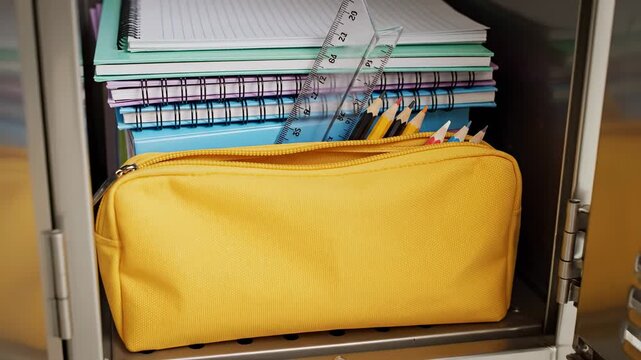 School locker interior filled with colorful notebooks, pencils, ruler and a yellow pencil case, school supplies and education concepts