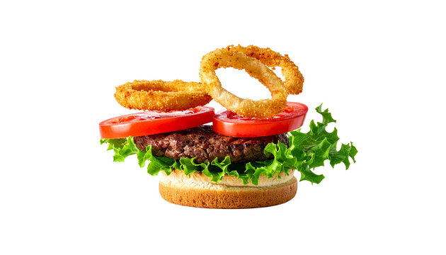 Deconstructed flying hamburger with floating ingredients sesame buns grilled beef patty lettuce tomatoes and onion rings on a transparent background