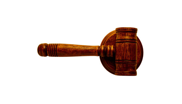 Classic legal mallet weapon of justice positioned on a circular wooden base isolated on a transparent background