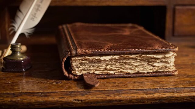 Vintage leather bound notebook with deckle edge pages resting on a rustic wooden desk, history and literature concepts