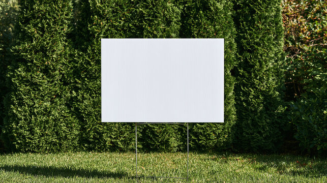 Blank white yard sign mockup in a green grass garden with hedge background