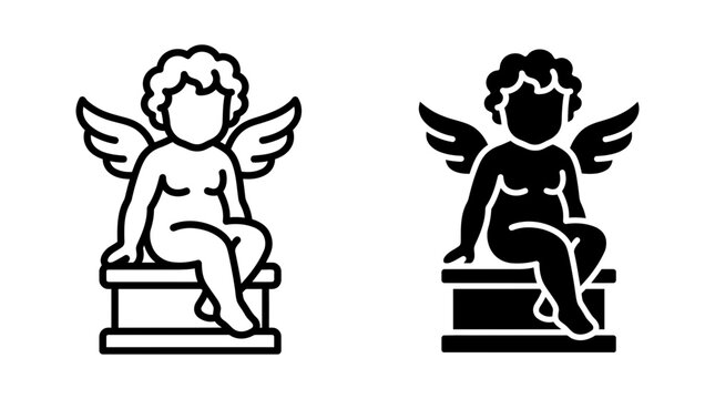 Cherub statue sculpture icon vector illustration set in outline and solid black styles with sculpture classical historic isolated heritage mythology religion pedestal