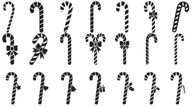 Christmas candy cane vector icons set, black silhouette peppermint stick illustrations, 21 holiday sweets for festive design