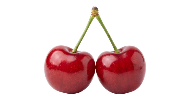 Pair of ripe red cherries with stems transparent background