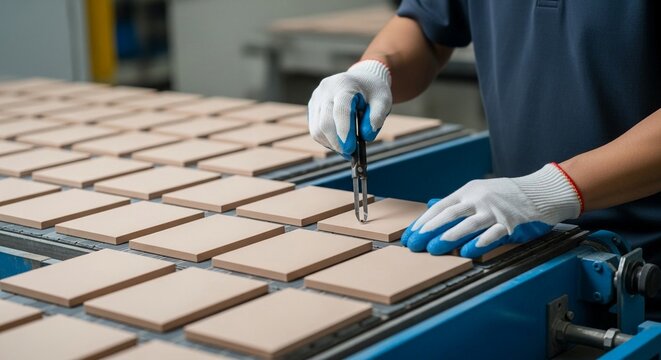 Industrial worker meticulously inspects freshly fired ceramic tiles on a manufacturing line for quality assurance